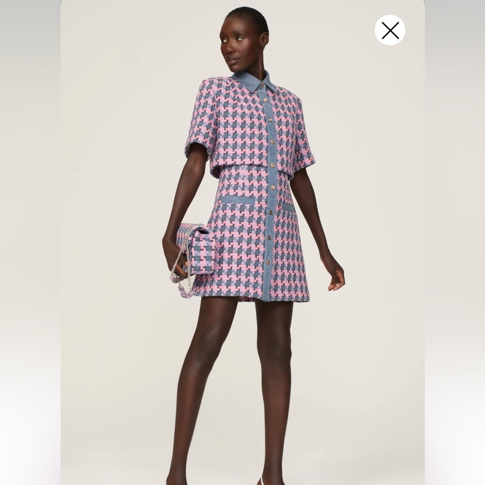 Sandro Amadoro Tweed Shirt Dress with Denim and Gold Details
